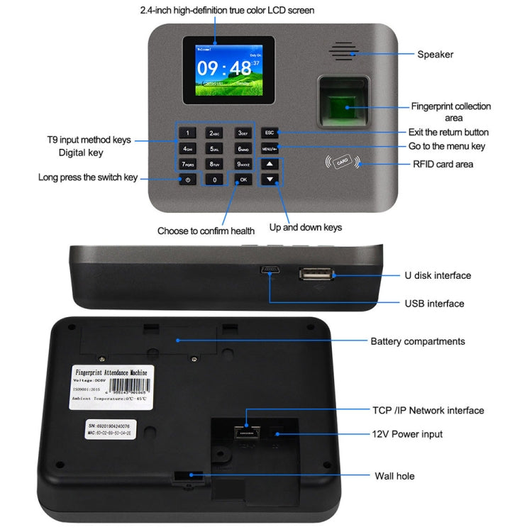 Realand AL325 Fingerprint Time Attendance with 2.4 inch Color Screen & ID Card Function & WiFi