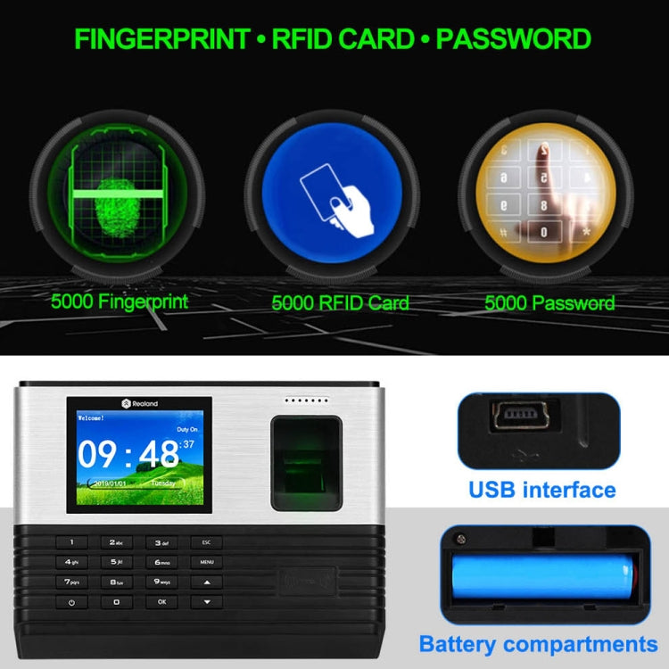 Realand AL355+ Fingerprint Time Attendance with 2.8 inch Color Screen & ID Card Function & WiFi & Access Control Function
