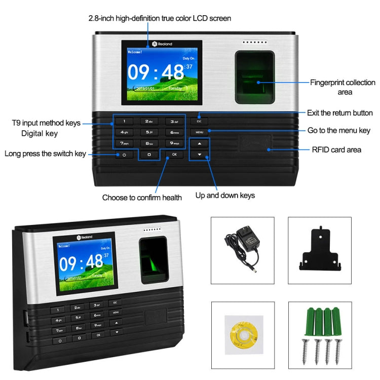 Realand AL355+ Fingerprint Time Attendance with 2.8 inch Color Screen & ID Card Function & WiFi & Access Control Function