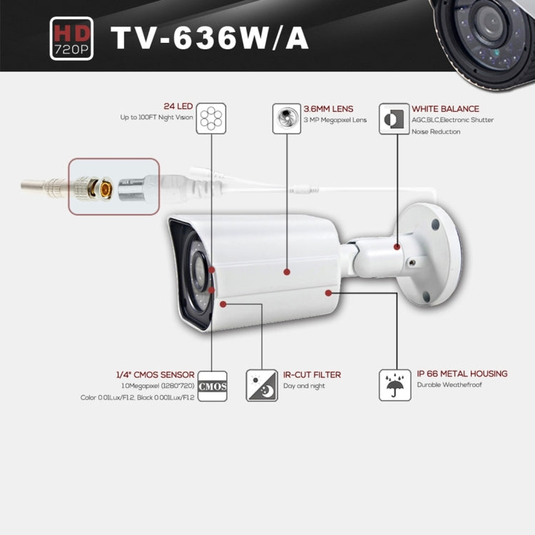 636A CE & RoHS Certificated Waterproof  3.6mm 3MP Lens AHD Camera with 24 IR LED, Support Night Vision & White Balance
