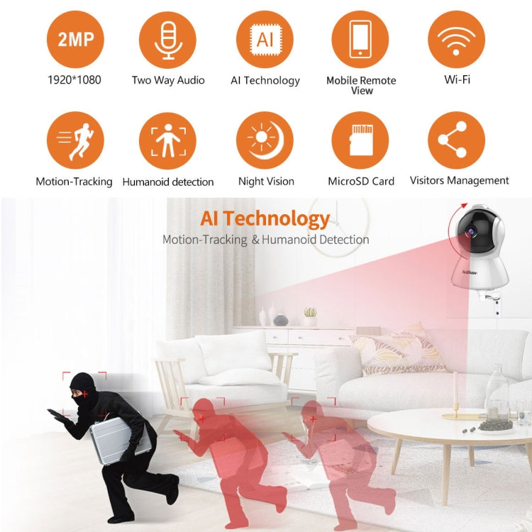 SriHome SH025 2.0 Million Pixels 1080P HD AI Auto-tracking IP Camera, Support Two Way Audio / Motion Tracking / Humanoid Detection / Night Vision / TF Card, AU Plug