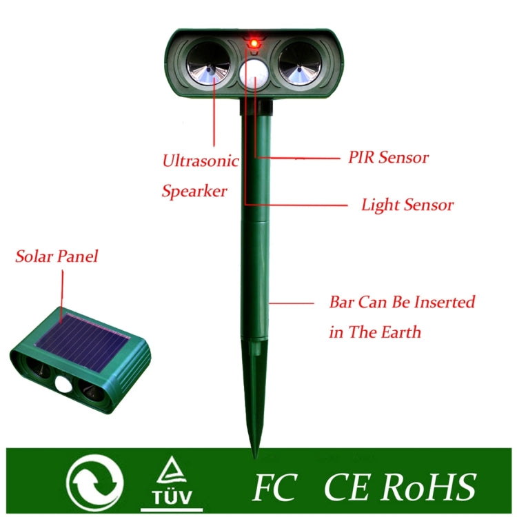 2 PCS Powerful Ultrasonic Solar-powered Animal Repeller With PIR Sensor & Light Sensor, Got the CE / ROHS Certification