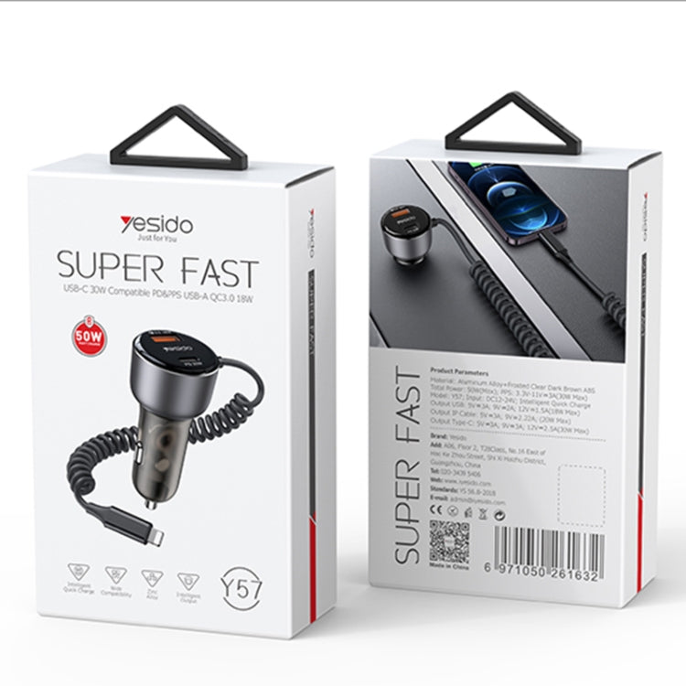 Yesido Y57 50W PD + QC3.0 Dual Port Car Charger with 8 Pin Spring Data Cable