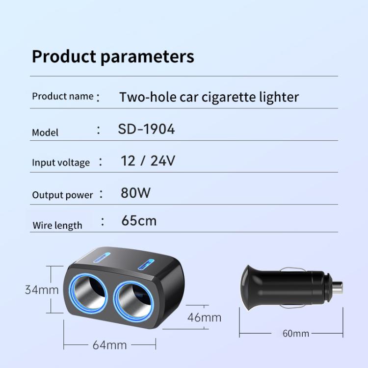 SHUNWEI SD-1904 Dual Socket Car Cigarette Lighter Splitter with USB Charger
