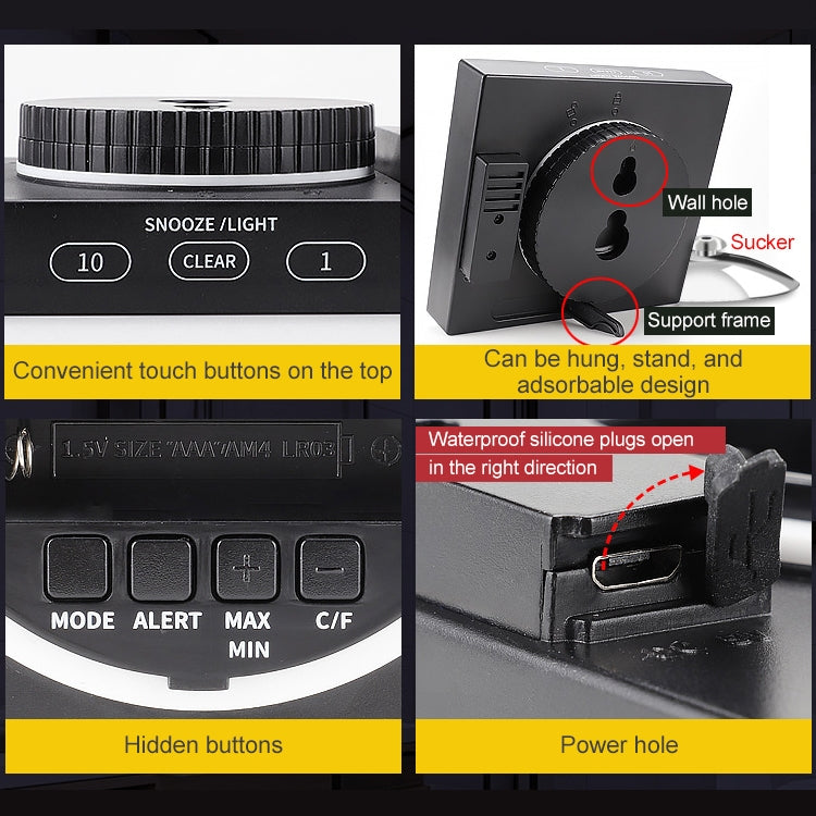 TS-WP10-W Waterproof Bathroom Wall Clock Timer Household Thermometer Hygrometer