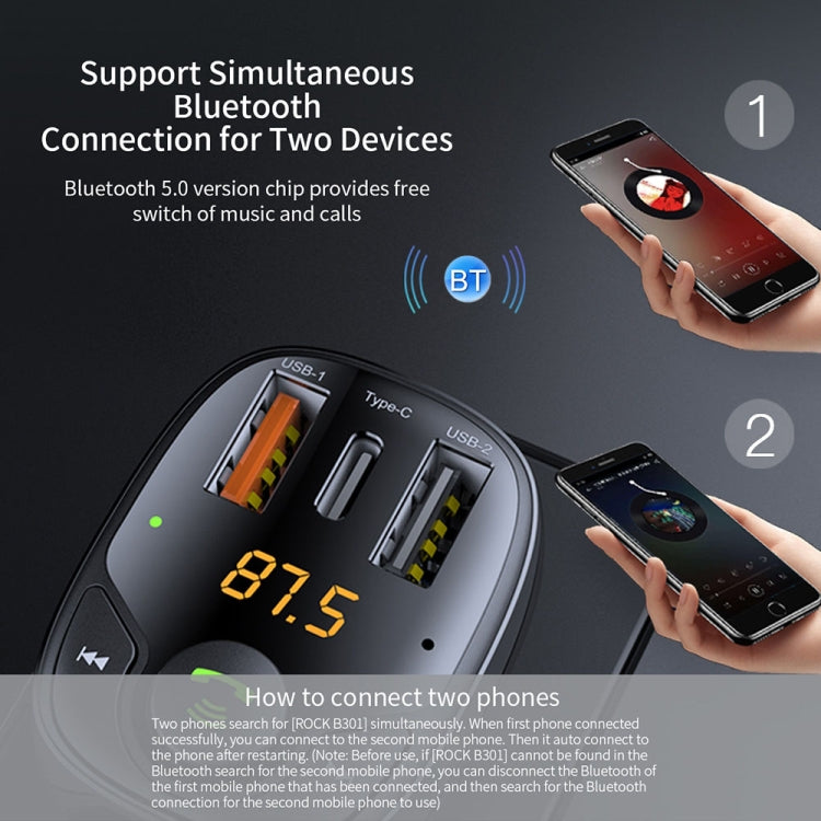 ROCK B301 Dual USB + PD Bluetooth 5.0 FM Transmitter & Car Charger, Support TF Card / U-disk