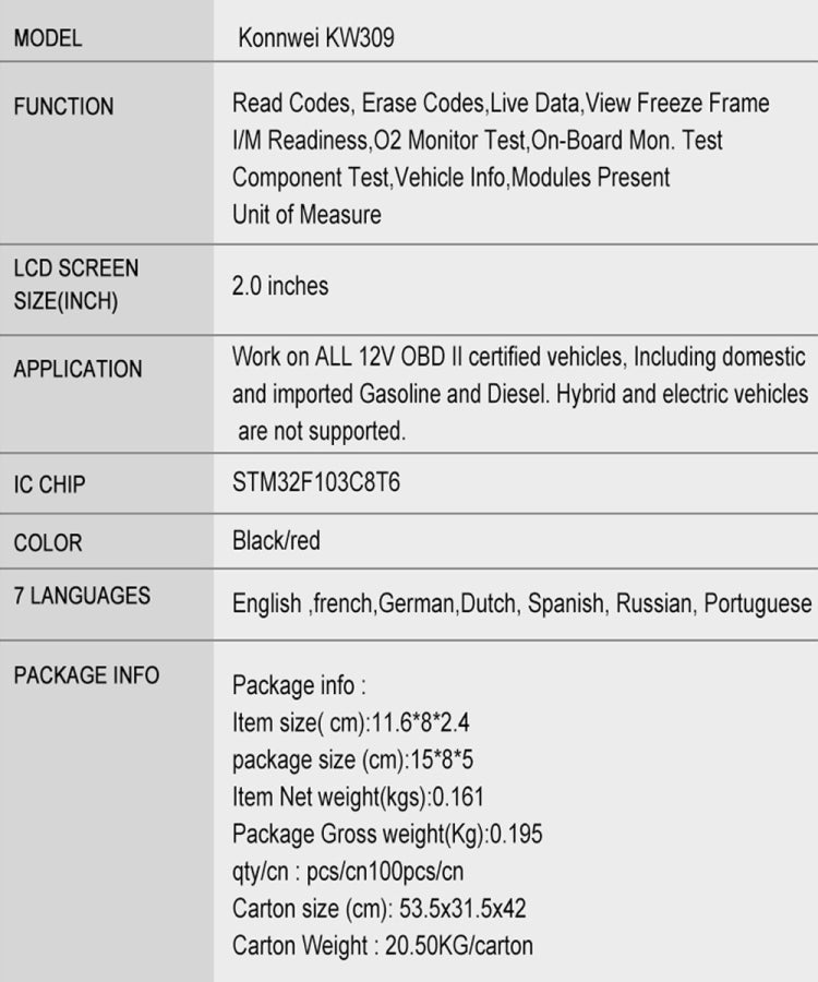 KONNWEI KW309 V309 V310 MS309 Code Reader OBD2 Scanner Diagnostic Tool