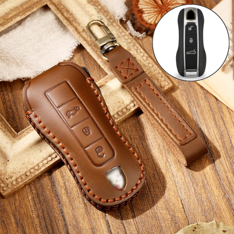 Hallmo Car Cowhide Leather Key Protective Cover Key Case for Porsche Macan 718 2021 B Style