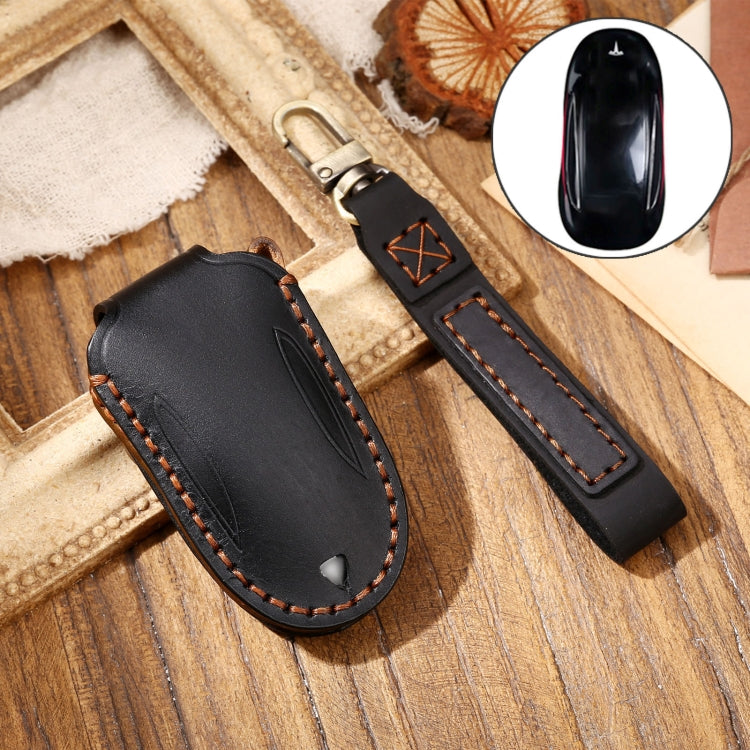 Hallmo Car Cowhide Leather Key Protective Cover Key Case for Tesla Model 3 / S A Style