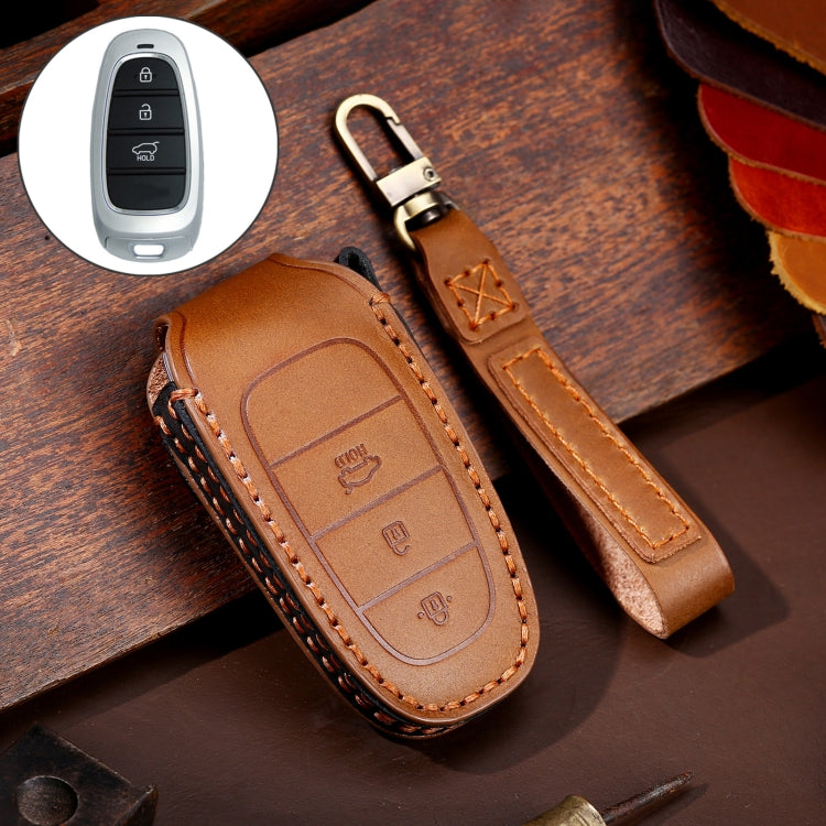 Hallmo Car Cowhide Leather Key Protective Cover Key Case for Hyundai 3-button