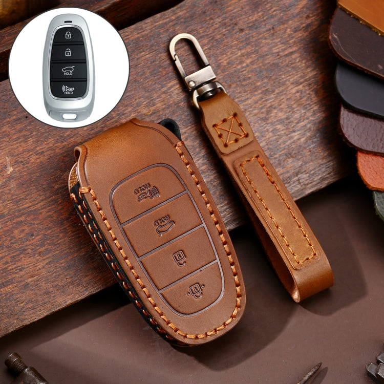 Hallmo Car Cowhide Leather Key Protective Cover Key Case for Hyundai 4-button