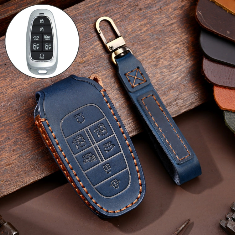 Hallmo Car Cowhide Leather Key Protective Cover Key Case for Hyundai 7-button