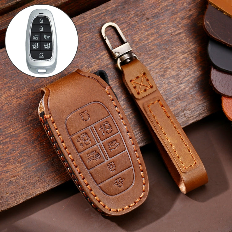 Hallmo Car Cowhide Leather Key Protective Cover Key Case for Hyundai 7-button