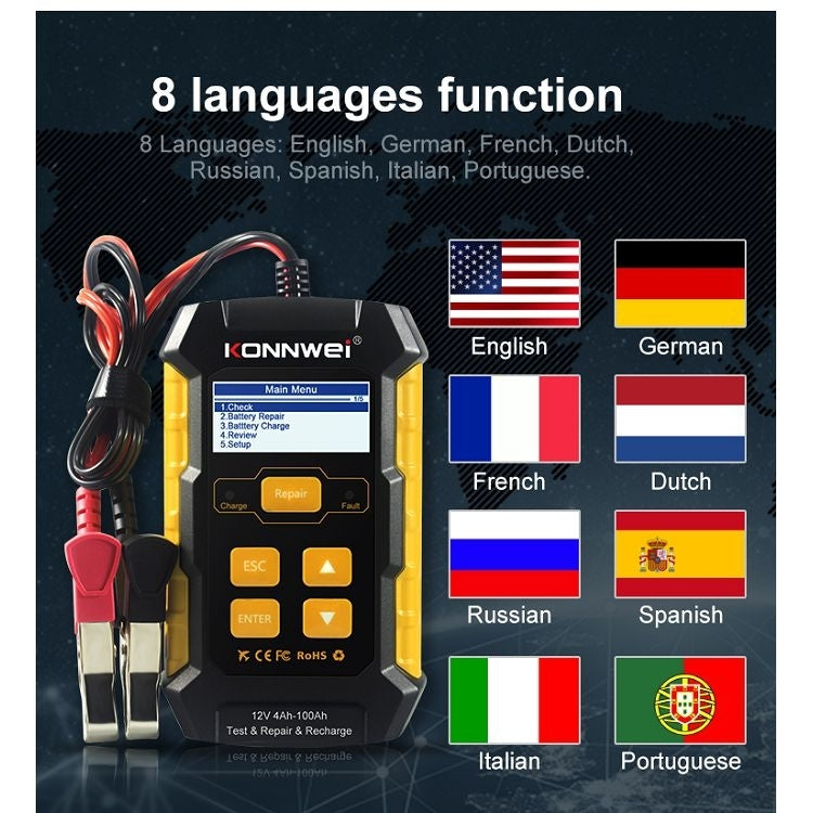KONNWEI KW510 3 in 1 Car Battery Tester / Charger / Repairer, Support 8 Languages
