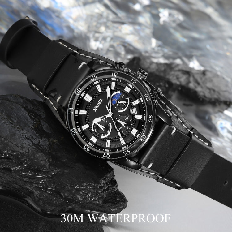 SKMEI 9249 Men Moonphase Calendar Stopwatch Leather Strap Quartz Watch