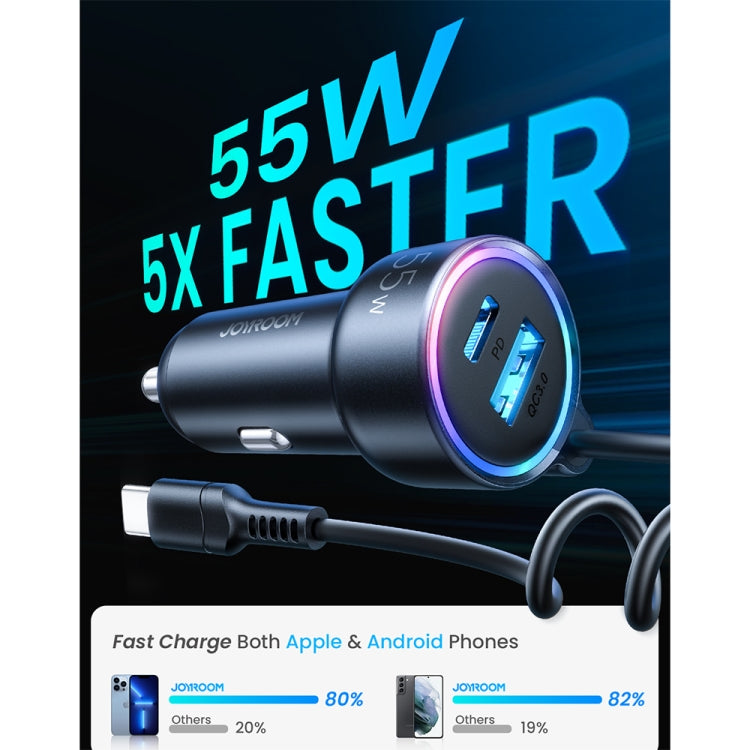 JOYROOM JR-CL07 3 in 1 72W PD USB-C / Type-C + USB Interface Car Charger with USB-C / Type-C Spring Data Cable