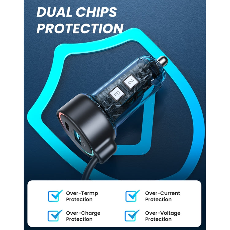 JOYROOM JR-CL07 3 in 1 72W PD USB-C / Type-C + USB Interface Car Charger with USB-C / Type-C Spring Data Cable