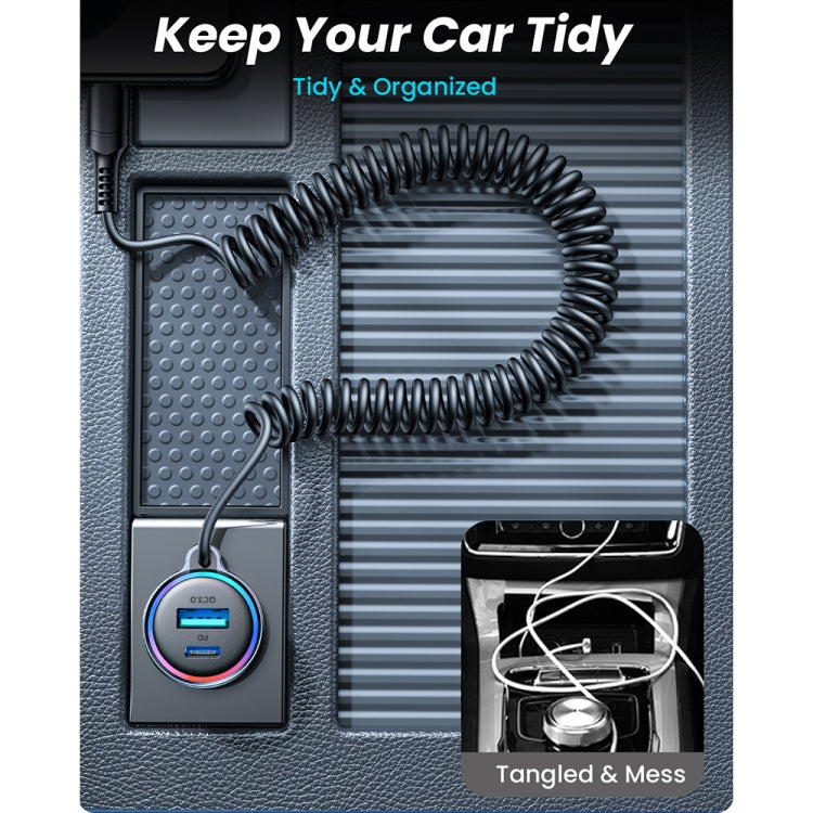 JOYROOM JR-CL07 3 in 1 72W PD USB-C / Type-C + USB Interface Car Charger with USB-C / Type-C Spring Data Cable