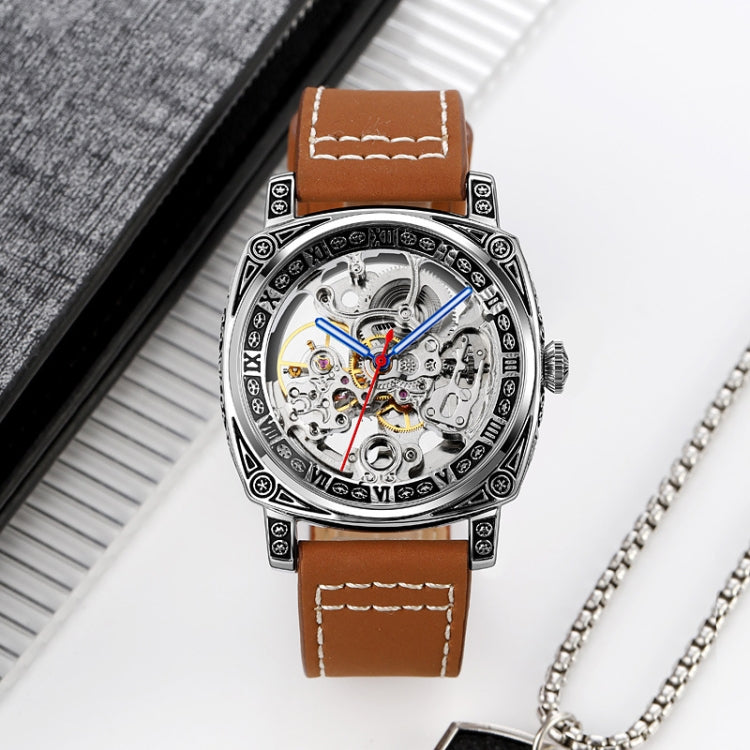 SKMEI 9271 Stainless Steel Buckle Leather Strap Waterproof Mechanical Watch
