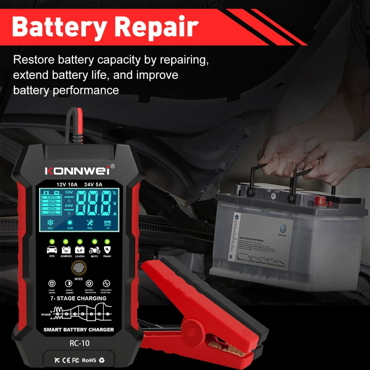 KONNWEI CR-10 2.4 inch Car Battery Charger Battery Pulse Repair Tool