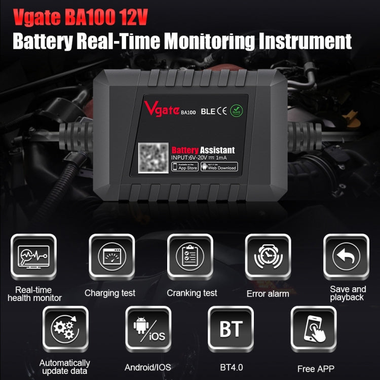 Vgate BA100 Car 12V Bluetooth 4.0 Battery Assistant Analyzer Tester