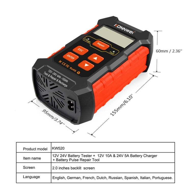 KONNWEI KW520 12V / 24V 3 in 1 Car Battery Tester with Detection & Repair & Charging Function