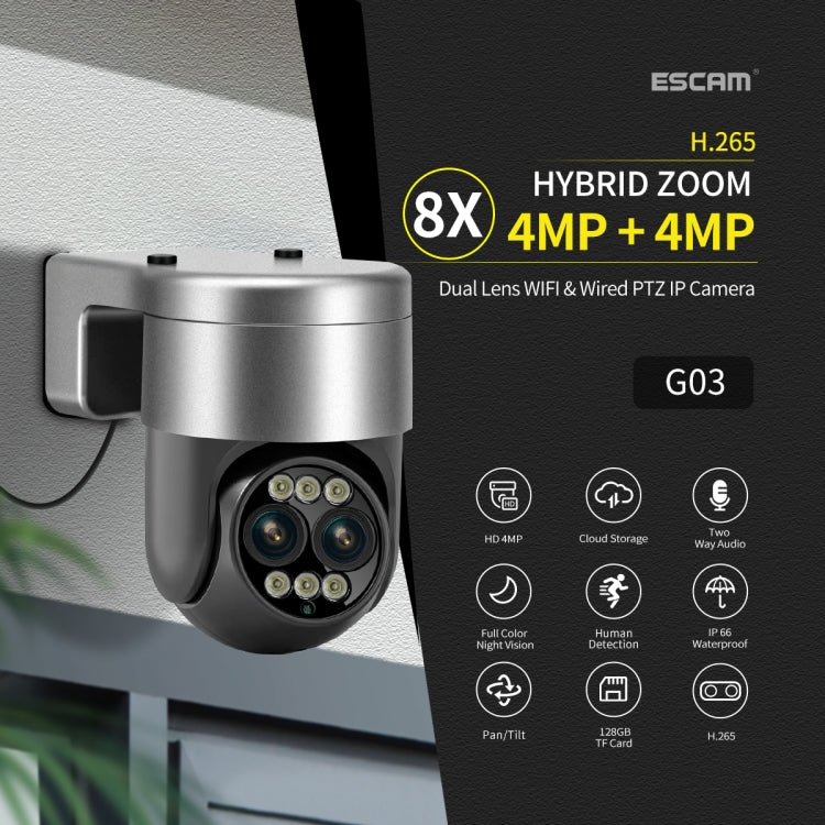 ESCAM G03 2x4MP Dual Lens Zoom 8X Dual Light Source WiFi Camera Support Two-way Voice & Motion Detection