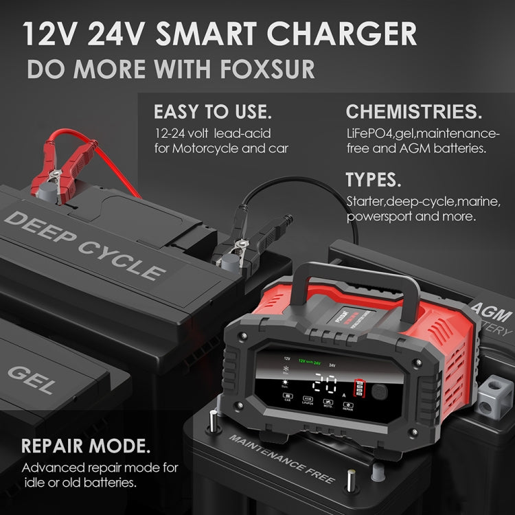FOXSUR 12V / 24V 20A 300W Portable Motorcycle Car Smart Battery Charger