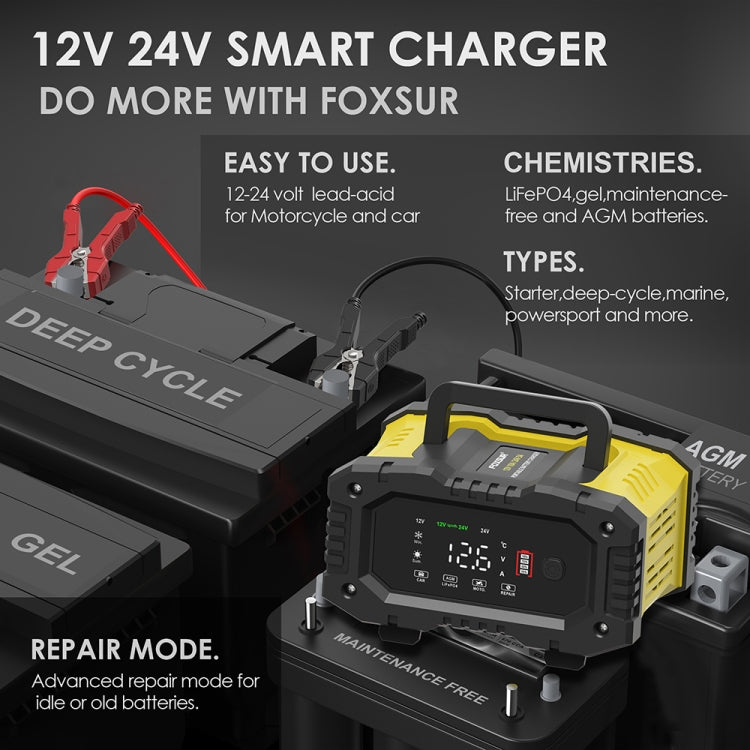 FOXSUR 12V / 24V 10A Portable Motorcycle Car Smart Battery Charger