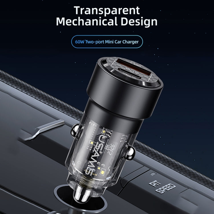 USAMS US-CC208 C39 60W USB + Type-C Dual Port Fast Charging Aluminum Alloy Transparent Car Charger