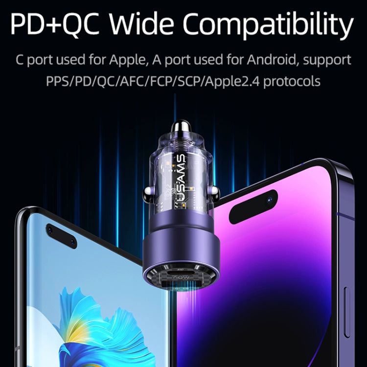 USAMS US-CC208 C39 60W USB + Type-C Dual Port Fast Charging Aluminum Alloy Transparent Car Charger