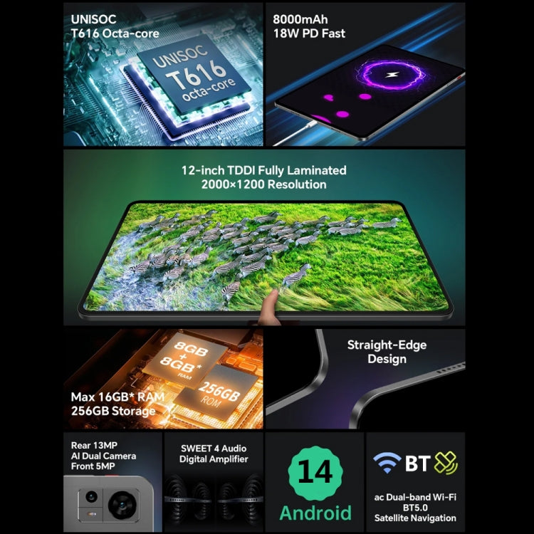 Teclast T60 4G LTE Tablet PC 12 inch,  Android 14 Unisoc T616 Octa Core, Support Dual SIM