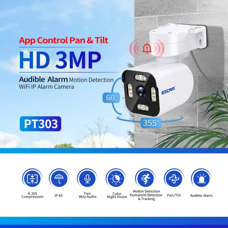 ESCAM PT303 3MP HD Motion Detection APP Control Pan & Tilt WiFi IP Camera