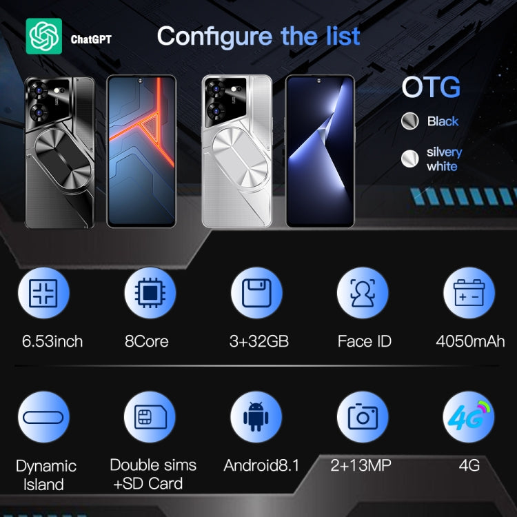 Povo5pro / PU31, 6.53 inch Face Identification Android 8.1 MTK6753 Octa Core, Network: 4G, AI GPT4, Dual SIM