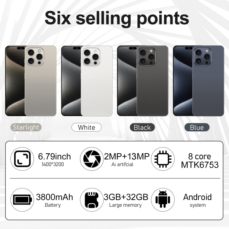 i15 Pro Max / VD1, 6.79 inch Screen, Face Identification, Android 8.1 MTK6753 Octa Core, Network: 4G, Dual SIM