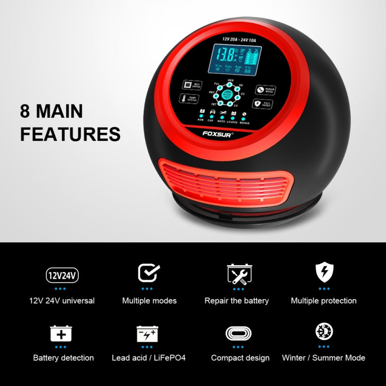 FOXSUR 20A 12V 24V Car / Motorcycle Smart Battery Charger