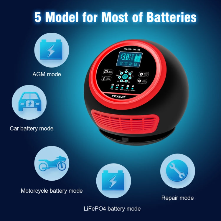 FOXSUR 20A 12V 24V Car / Motorcycle Smart Battery Charger