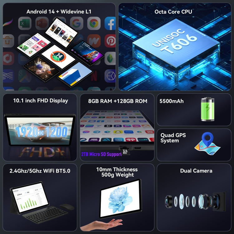 HEADWOLF Wpad5 WIFI Tablet PC, 10.1 inch Android 14 Unisoc Tiger T606 Octa Core, Global Version with Google Play