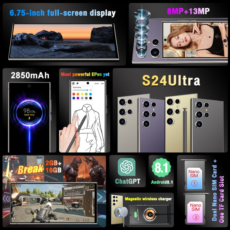 S24 Ultra / L26, 6.75 inch Screen, Face Identification, Android 8.1 MTK6580P Quad Core, Network: 3G, Dual SIM