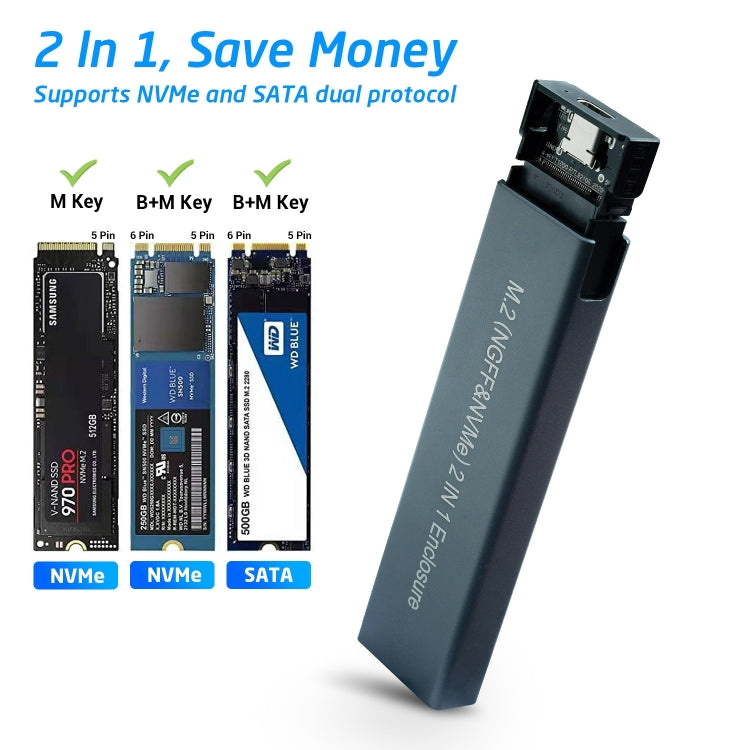 Aluminium Alloy M.2 NDFF&NVMe 2-in-1 External Hard Drive Enclosure