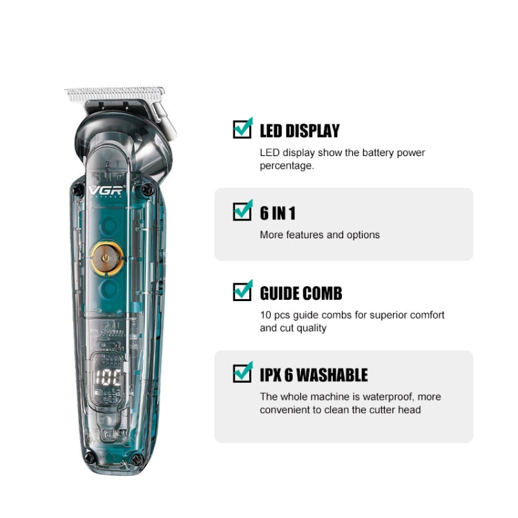 VGR V-102 6 in 1 USB Transparent Digital Display Professional Hair Clipper Set
