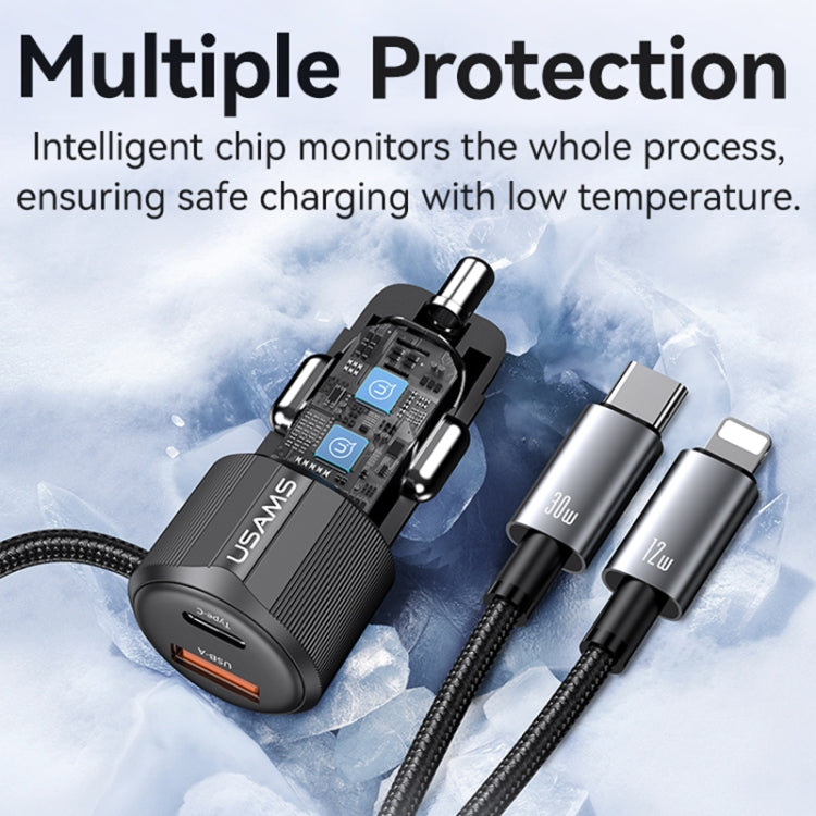 USAMS CC287 YT Series 66W USB and Type-C Dual Ports Car Fast Charger with 2 in 1 Cable