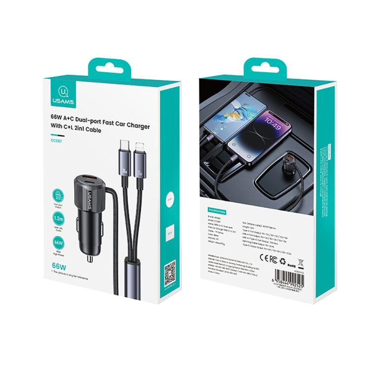 USAMS CC287 YT Series 66W USB and Type-C Dual Ports Car Fast Charger with 2 in 1 Cable