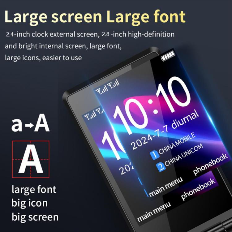 M7+ 4G Dual Screen Flip Elder Rugged Phone, 2.8 inch Inner, 2.4 inch Outer, 6800mAh Battery, 24 Keys, Flashlight, Network: 4G, Dual SIM, SOS