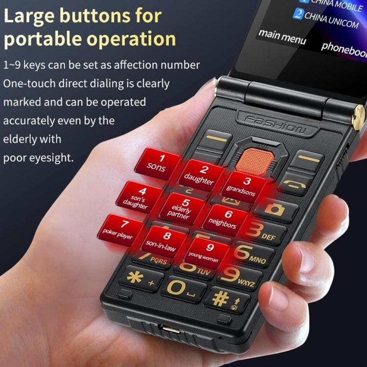 M7+ 4G Dual Screen Flip Elder Rugged Phone, 2.8 inch Inner, 2.4 inch Outer, 6800mAh Battery, 24 Keys, Flashlight, Network: 4G, Dual SIM, SOS