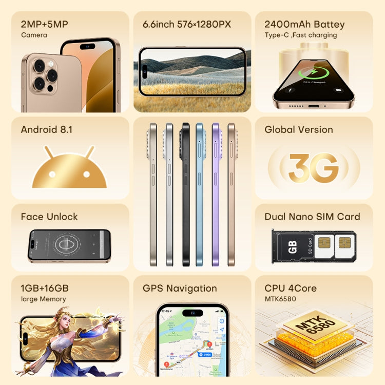 U218 / i16 Pro Max, 1GB+16GB, 6.6 inch Android 8.1 MTK6580A Quad Core, OTG, Network: 3G, Dual SIM