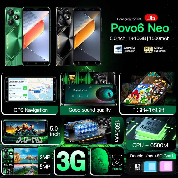 Povo6 Neo / DP29, 1GB+16GB, Face Identification, 5.0 inch Android 8.1 MTK6580M Quad Core, Network: 3G, Dual SIM