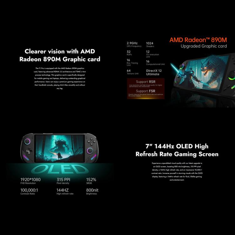 ONE-NETBOOK OneXPlayer F1 Pro 7 inch Handheld Game Console, Windows 11 AMD Ryzen AI 9 HX 370 CPU