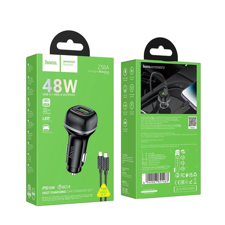 hoco Z58A Rank Dual Port PD30W and QC3.0 Car Charger Set with Type-C to 8 Pin Cable