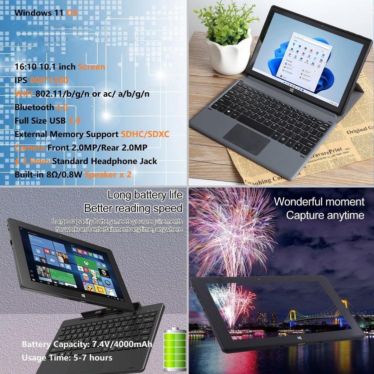HONGSAMDE 10.1 inch 2 in 1 Tablet PC, Windows 11, Intel Celeron J4105 Quad Core No Keyboard